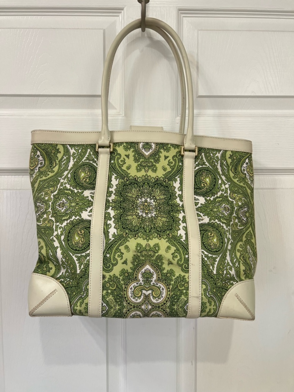 Ann Taylor Green Paisley Canvas Tote with Cream Trim